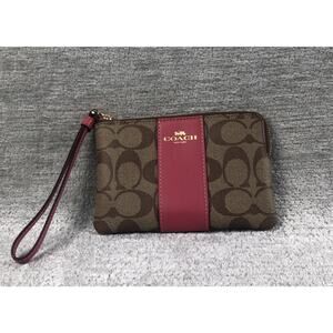 COACH Signature Canvas Wristlet Corner Zip Wallet Khaki Brown Pink Stripe